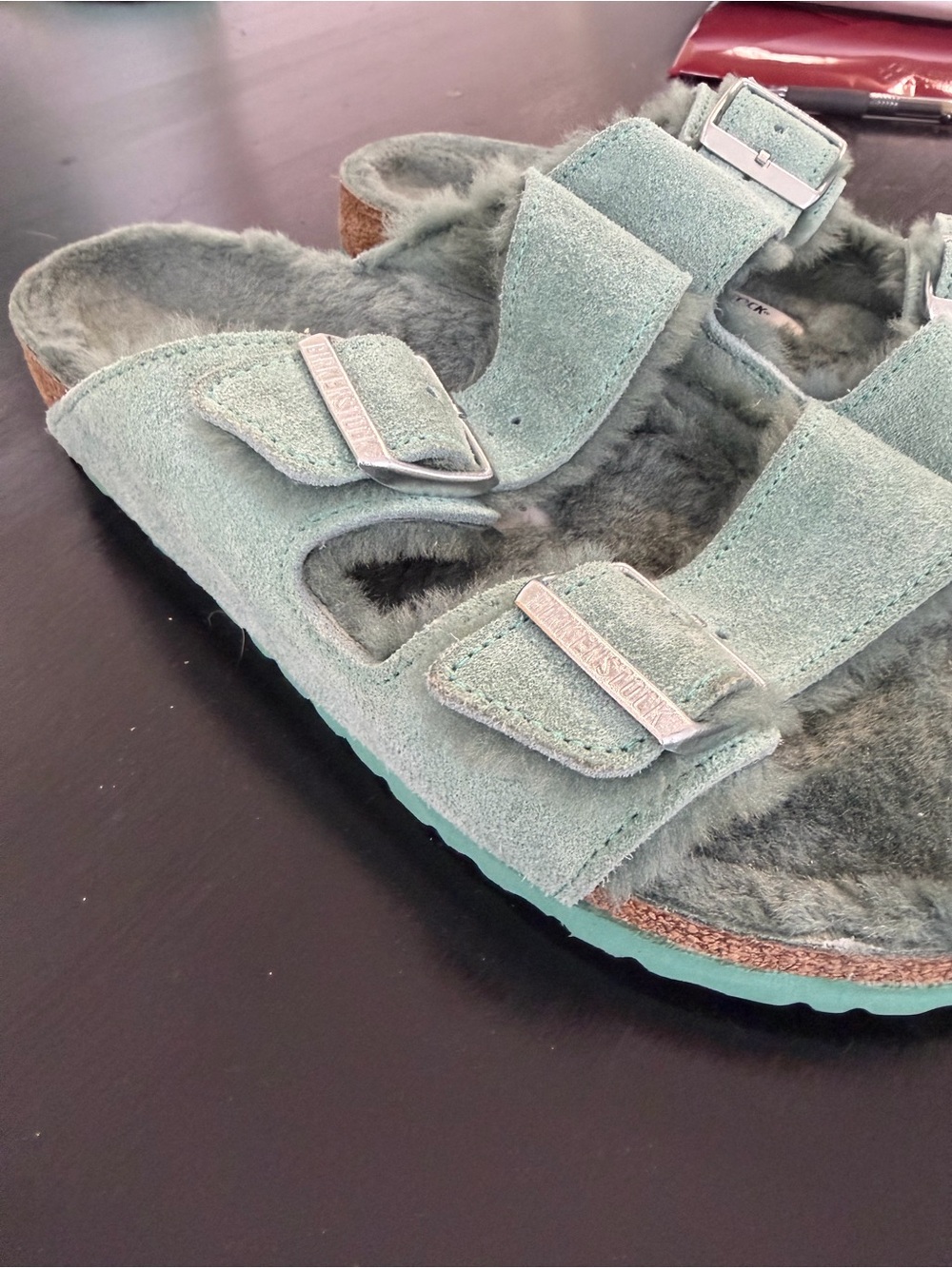 Aqua fur lined Birkenstocks - Picture 3 of 4